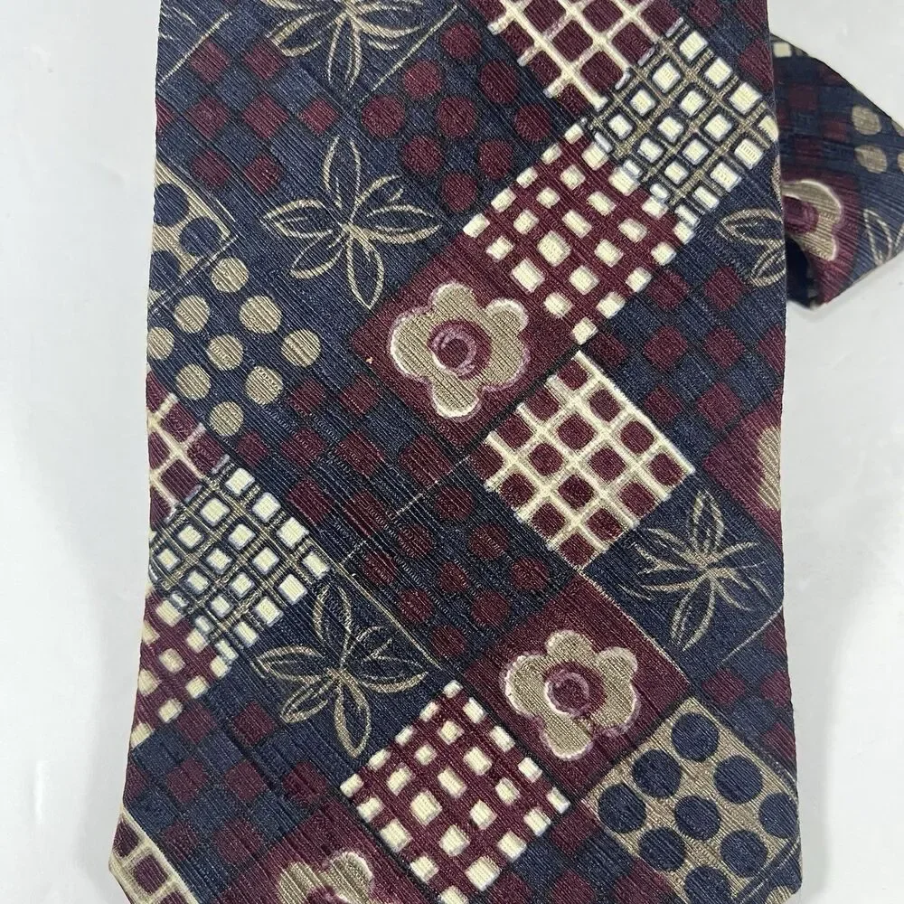 Geoffrey Beene Silk Necktie Vintage Floral Geometric Patchwork Navy Burgundy USA